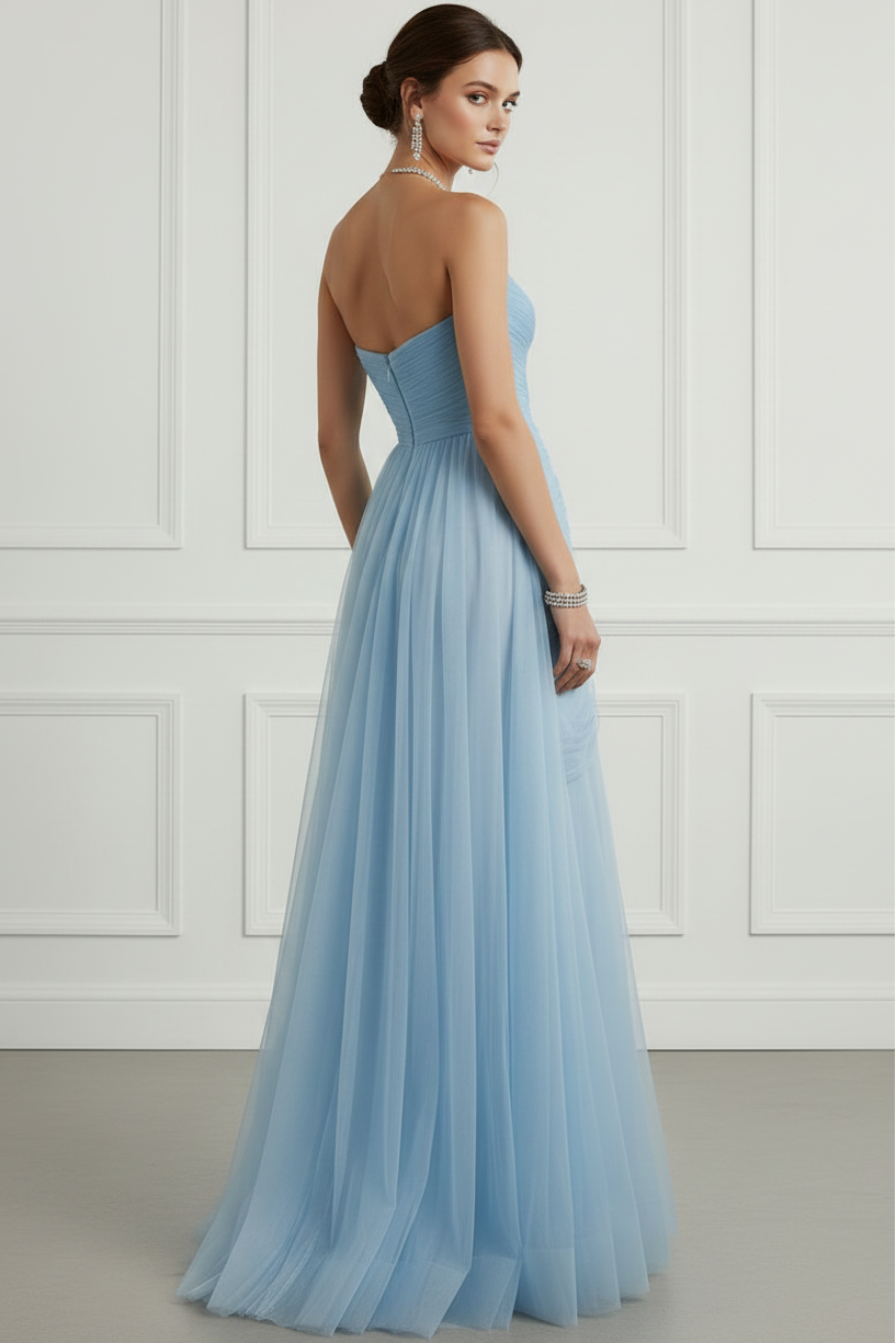 Strapless Ruched Tulle Gown with High Slit