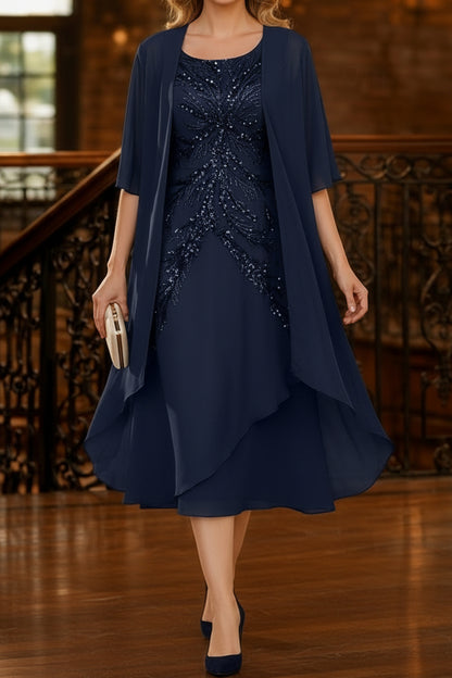 Sequin Embroidered Midi Dress with Sheer Jacket
