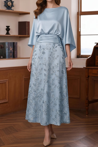 Batwing Sleeve A-Line Dress with Sequin Skirt