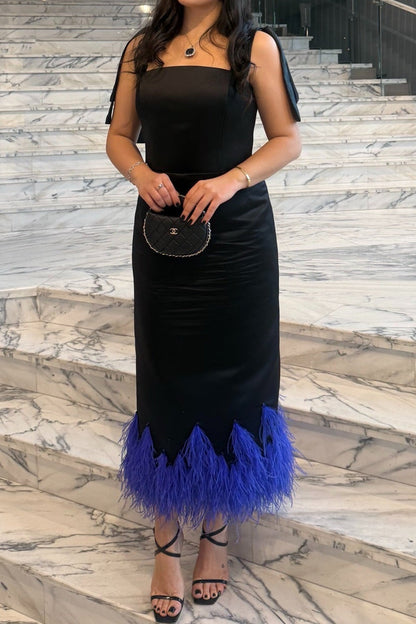 Midi Dress with Feather Trim and Tie Straps