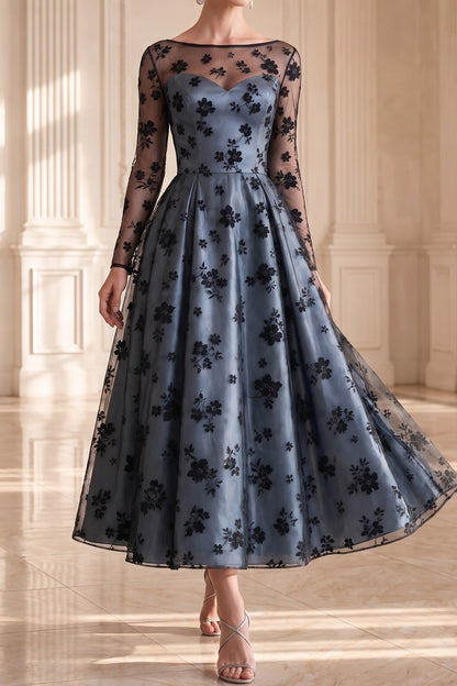 Floral Illusion Long Sleeve Tea-Length Dress