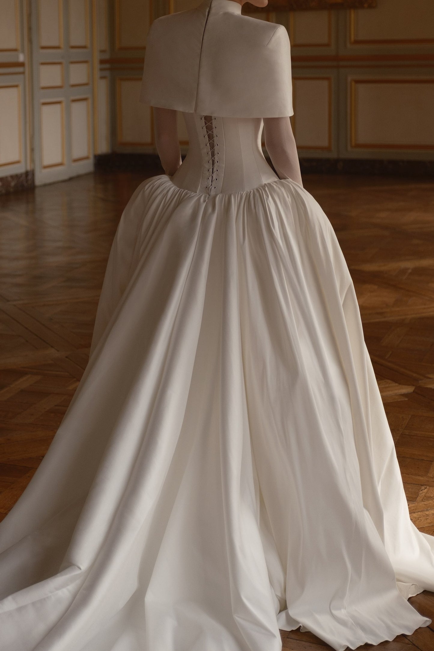 High-Neck Cape Corset Ball Gown Wedding Dress