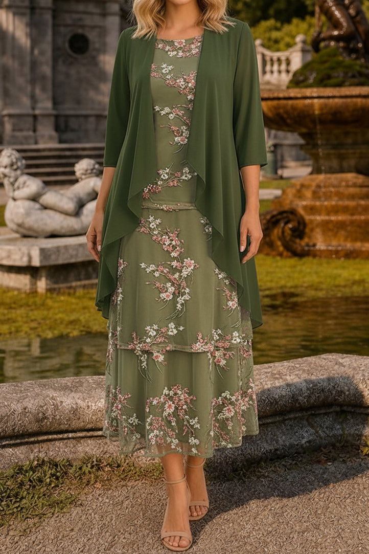 Embroidered Floral Mesh Dress & Draped Jacket Set