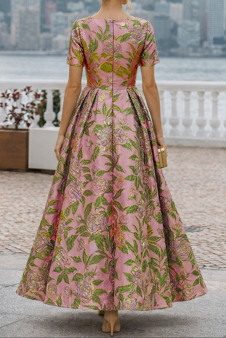 Floral Jacquard Bateau Neck A-Line Formal Dress
