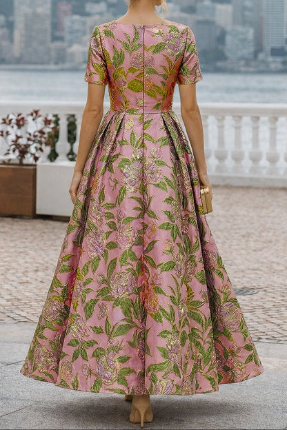 Floral Jacquard Bateau Neck A-Line Formal Dress