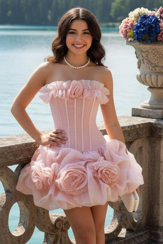 Corset Mini Dress with 3D Rosette Bubble Skirt