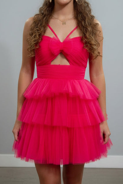 Tiered Tulle Cut-Out Halter Mini Dress
