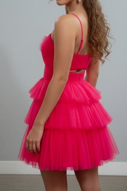 Tiered Tulle Cut-Out Halter Mini Dress