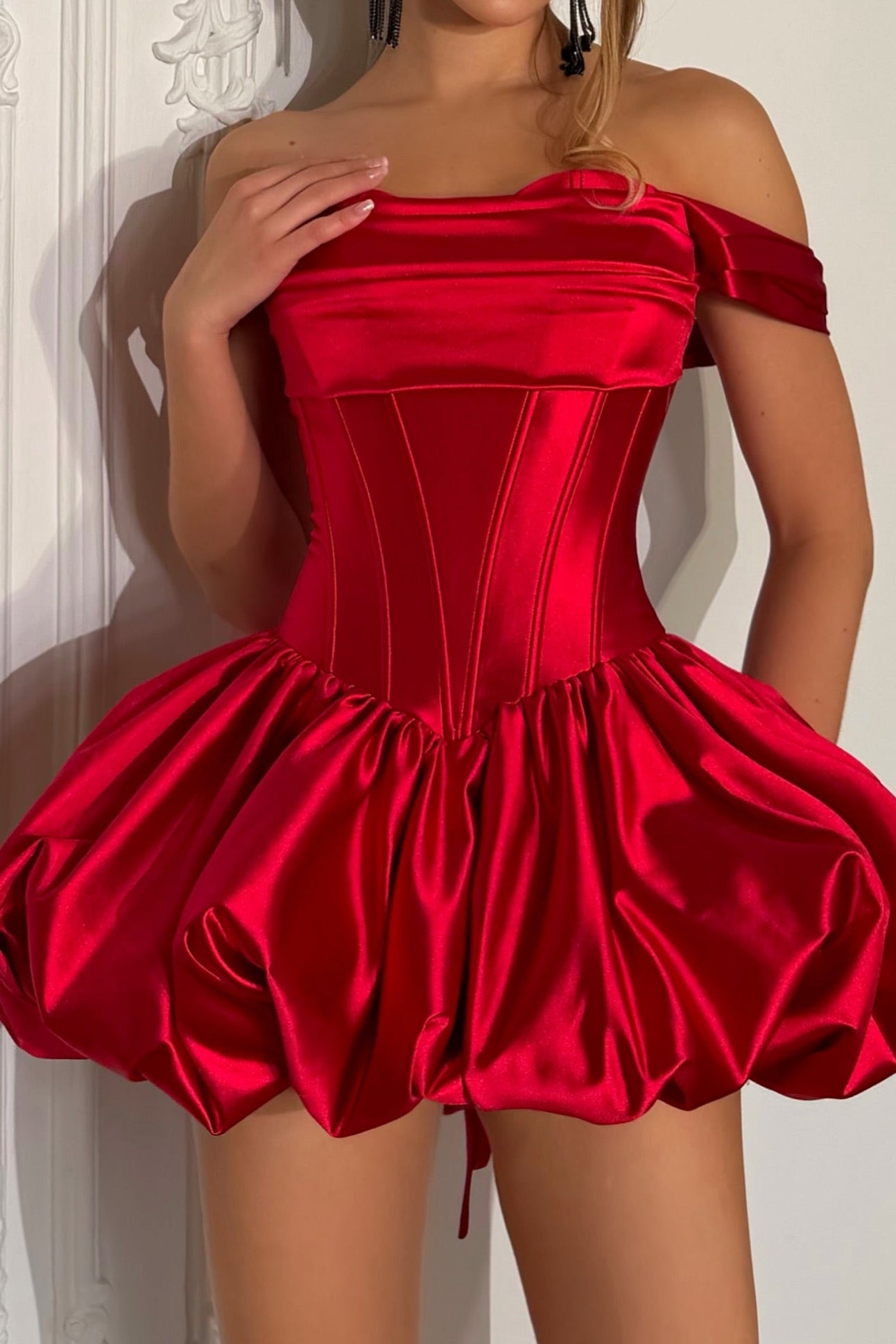 Off-the-Shoulder Satin Corset Bubble Mini Dress – Laxag