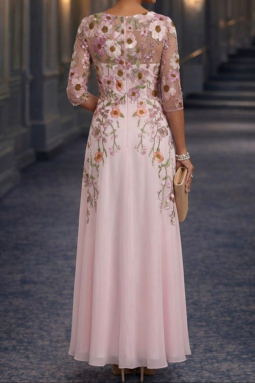 Floral Embroidered A-Line Gown with 3/4 Sleeves