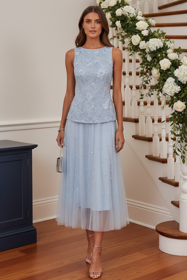 Lace and Pearl Tulle Midi Dress