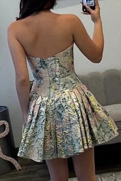 Strapless Floral Jacquard Corset Mini Dress with Bow