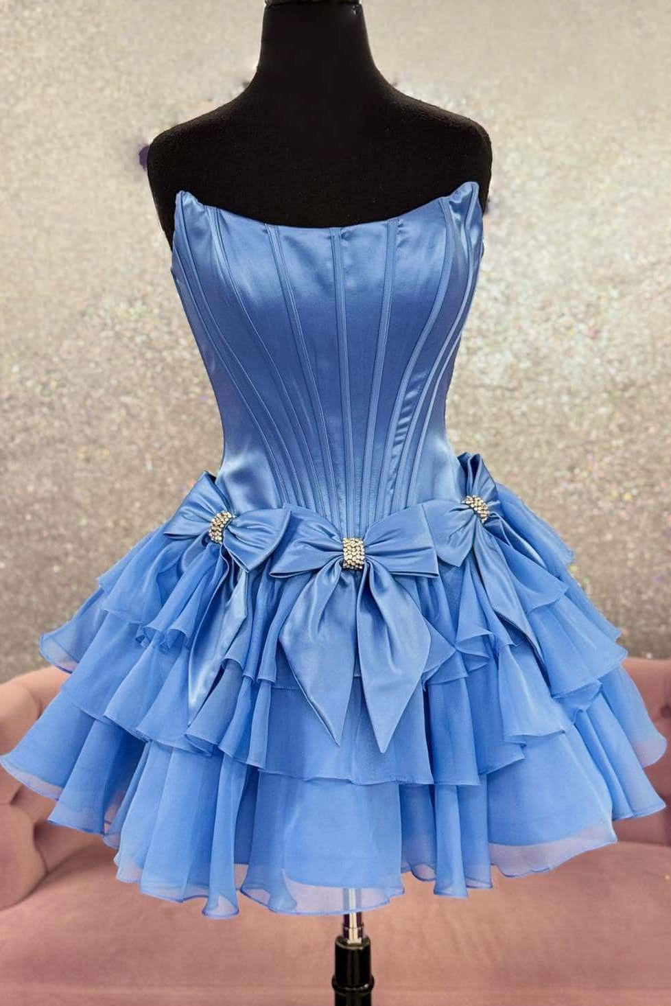 Strapless Corset Tiered Ruffle Mini Dress with Bows