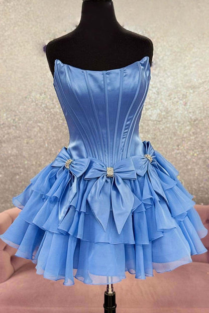 Strapless Corset Tiered Ruffle Mini Dress with Bows