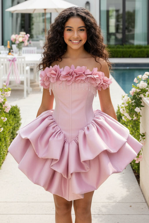 Floral Fringe Corset Mini Dress with Tiered Bubble Skirt