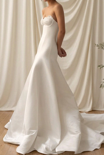 Strapless Trumpet Satin Wedding Gown with Floral Bust