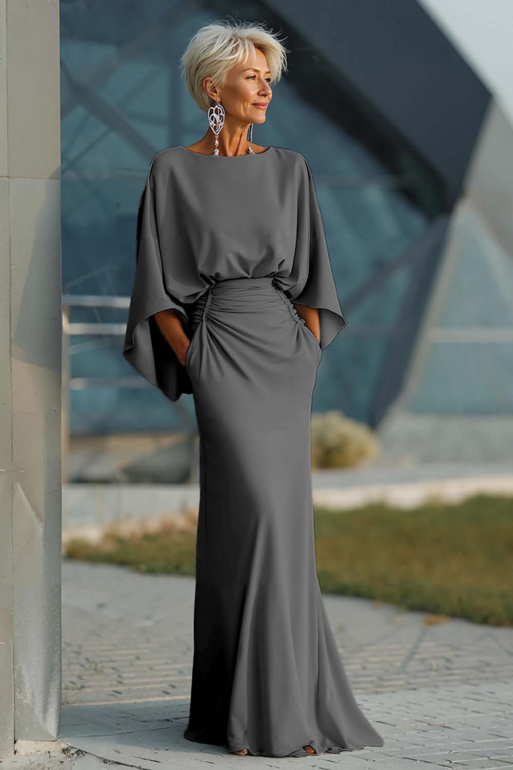 Elegant Ruched Evening Gown with Cape Sleeves