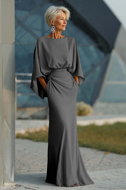 Elegant Ruched Evening Gown with Cape Sleeves