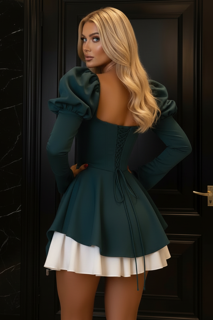 Puff Sleeve Corset Mini Dress with Ruffled Underskirt