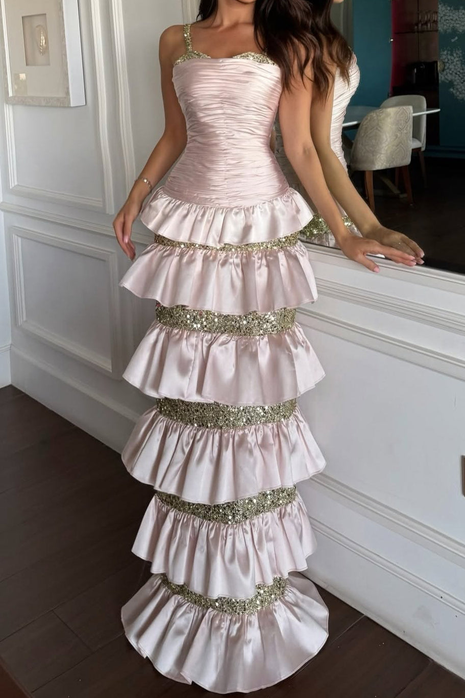 Ruched Tiered Maxi Gown with Crystal Straps