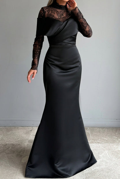 Lace Mock Neck Satin Mermaid Gown