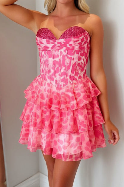 Strapless Corset Tiered Animal Print Mini Dress