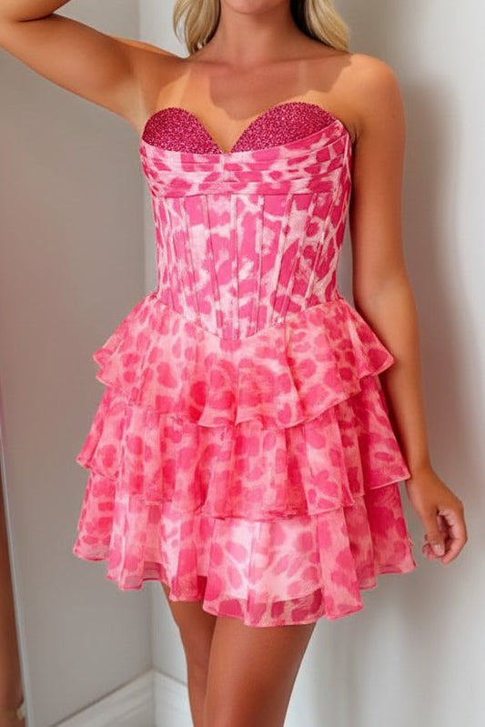 Strapless Corset Tiered Animal Print Mini Dress