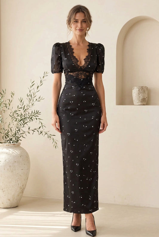 Lace-Trim Deep V-Neck Column Maxi Dress