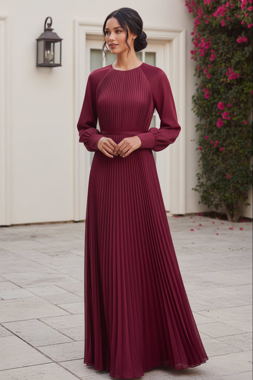 Pleated Long Sleeve Floor-Length Maxi Dress
