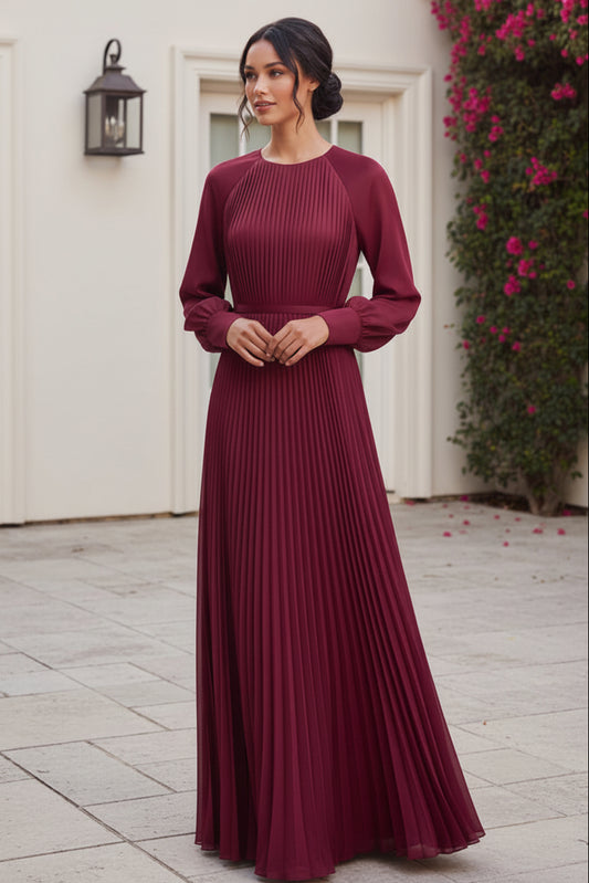 Pleated Long Sleeve Floor-Length Maxi Dress