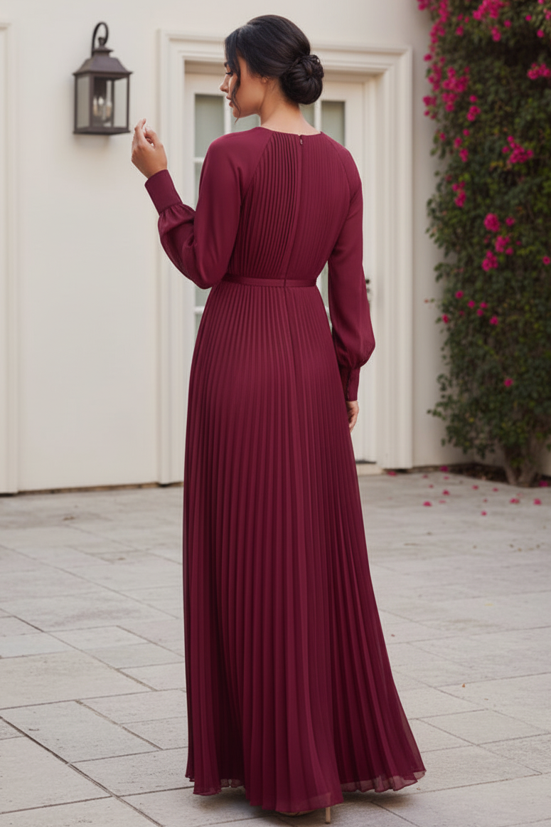 Pleated Long Sleeve Floor-Length Maxi Dress