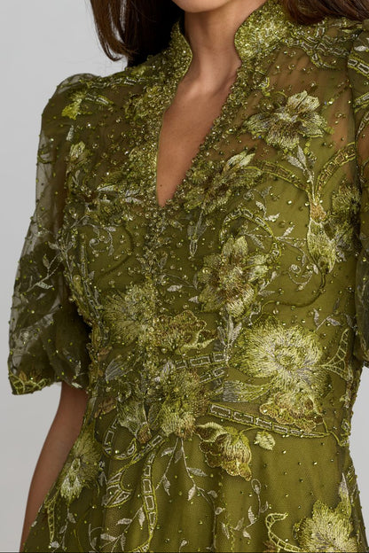 Embroidered High-Neck Puff Sleeve Evening Gown