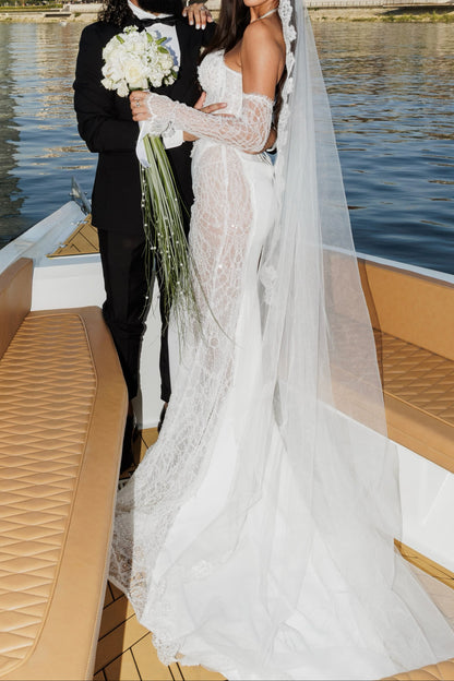 Strapless Lace Mermaid Wedding Dress with Veil