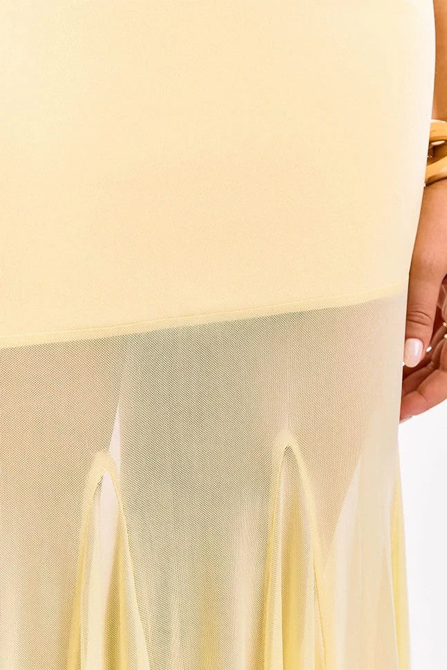 Strapless Sheer Pleated Hem Maxi Dress