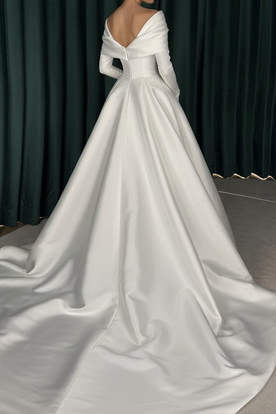 Off-Shoulder Long Sleeve Satin Wedding Ball Gown