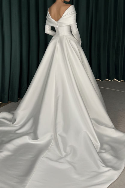 Off-Shoulder Long Sleeve Satin Wedding Ball Gown