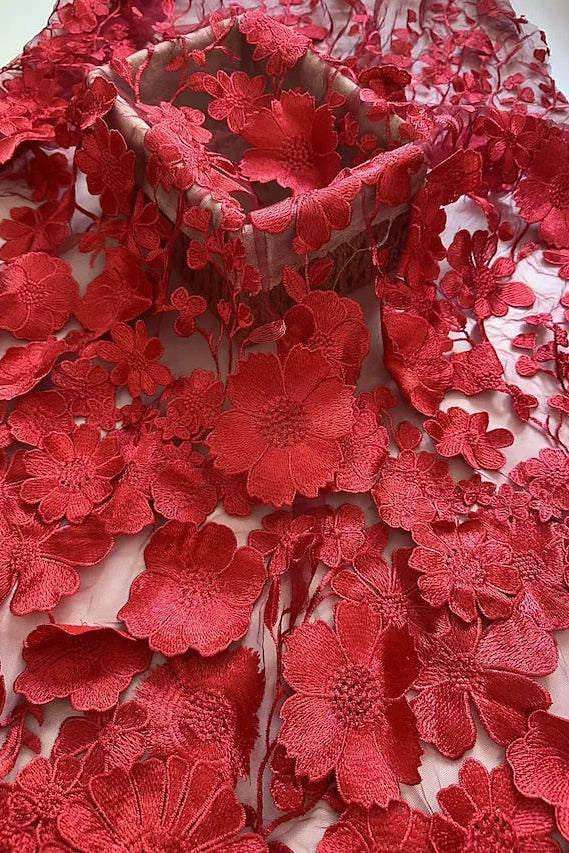 3D Floral Lace Deep V-Neck Midi Dress with Pockets