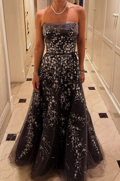 Strapless Floral Embroidered A-Line Evening Gown