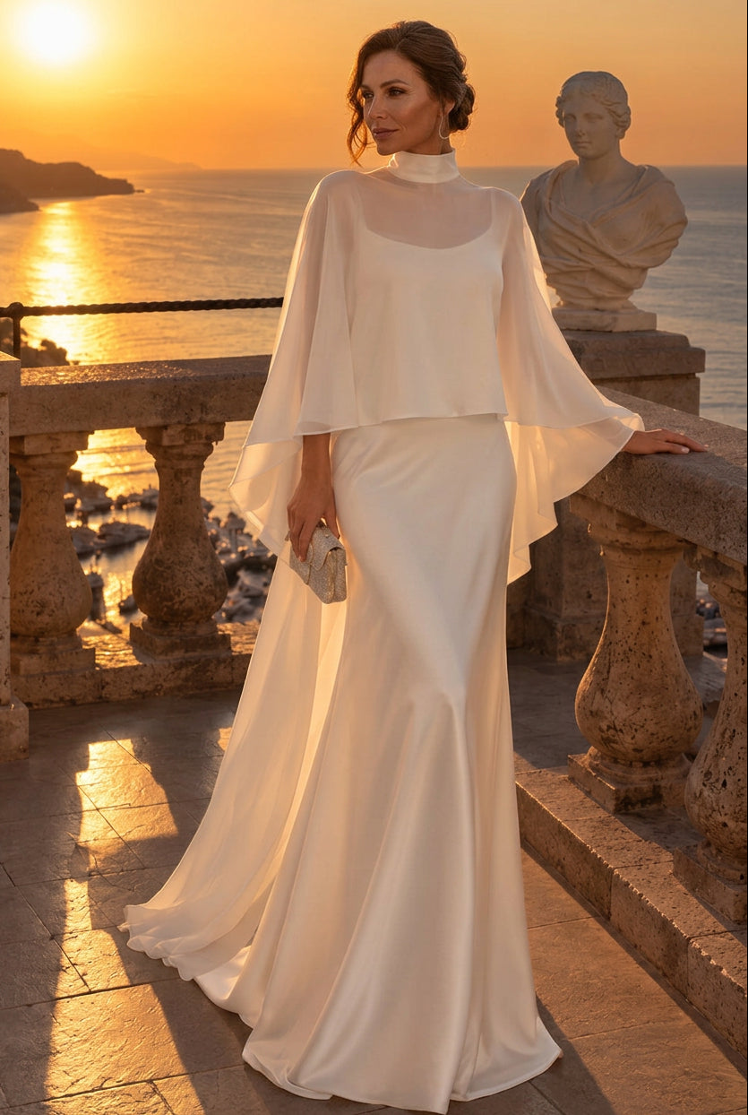 High Neck Sheath Gown with Semi-Sheer Cape