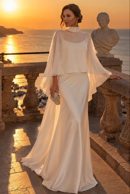 High Neck Sheath Gown with Semi-Sheer Cape