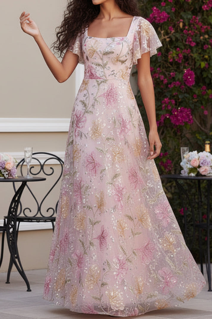 Floral Embroidered A-Line Gown with Flutter Sleeves