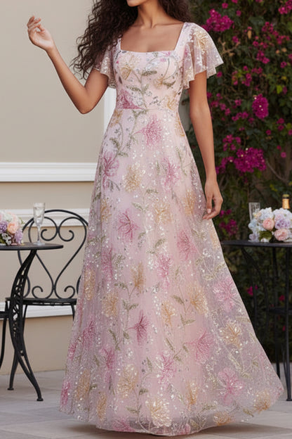 Floral Embroidered A-Line Gown with Flutter Sleeves