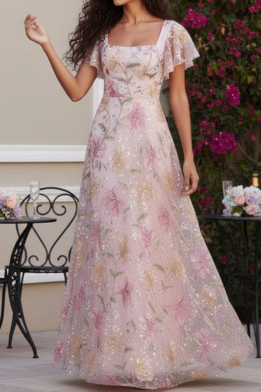 Floral Embroidered A-Line Gown with Flutter Sleeves