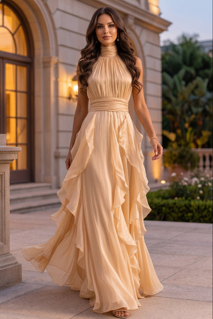 Pleated High-Neck Halter Gown with Cascading Ruffles