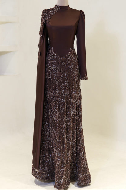 High-Neck Long-Sleeve Evening Gown with Floral Cape