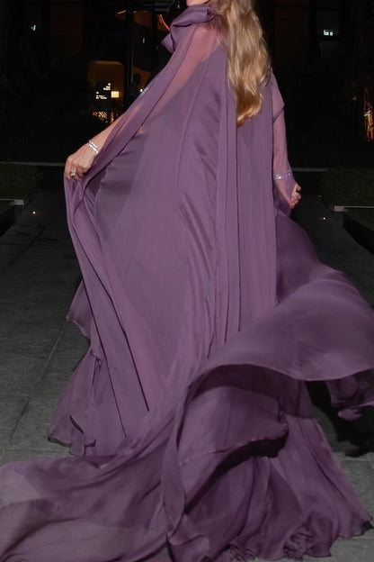 Pleated Cape Evening Gown with Bow Neckline