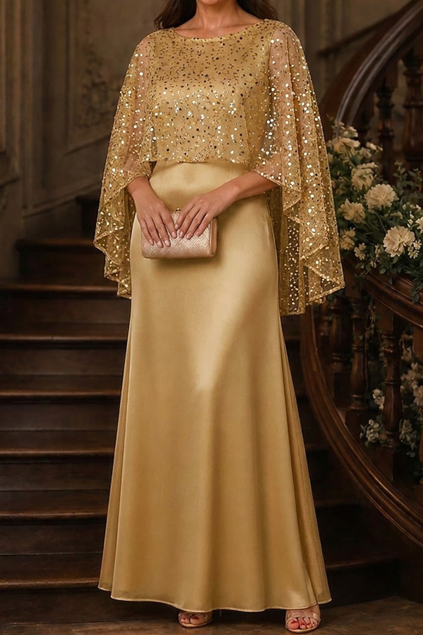 Sequin Capelet Overlay Evening Gown