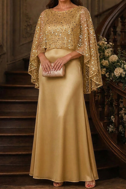 Sequin Capelet Overlay Evening Gown