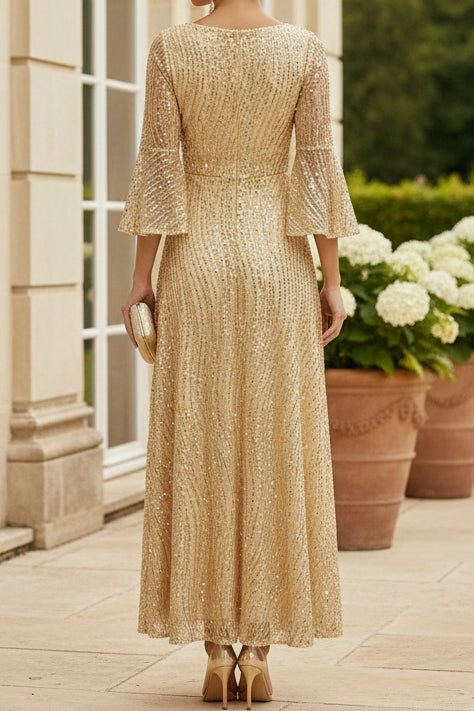 Sequin Wrap V-Neck Bell Sleeve A-Line Gown