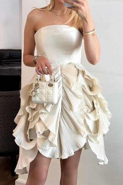 Strapless Pleated Ruffle Mini Dress with Lace-Up Back